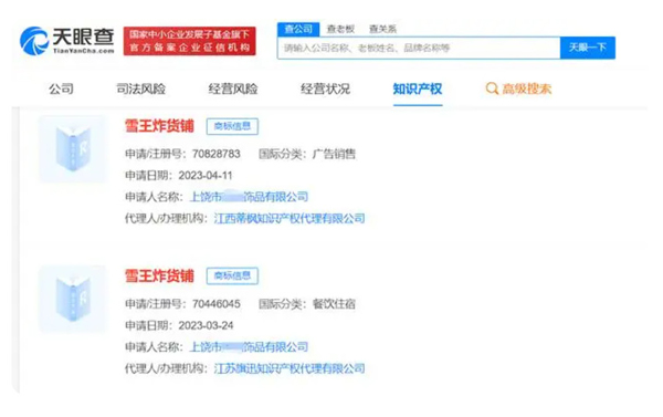 蜜雪冰城进军炸串,雪王炸货铺商标被抢注。